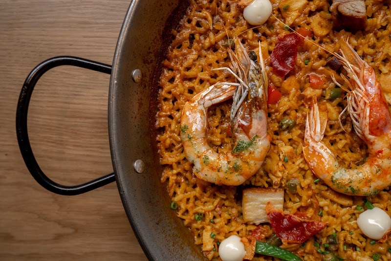 Seafood paella, pan-roasted