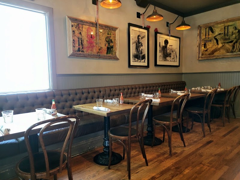 Warm dining room, tufted booths