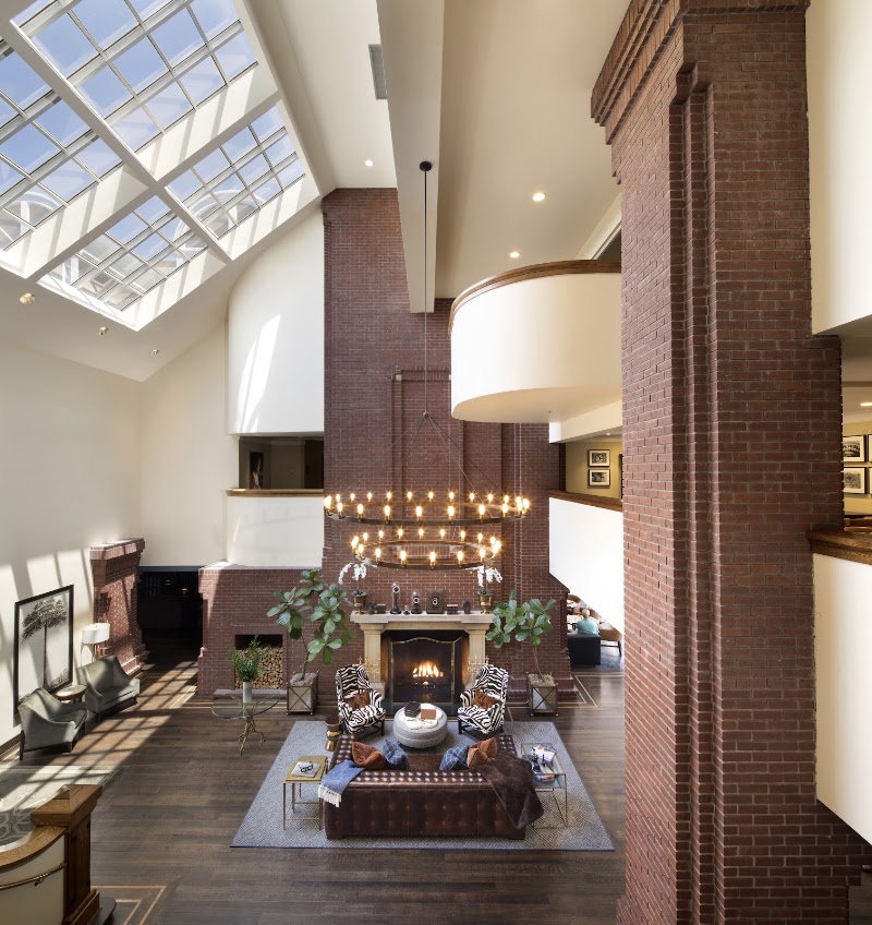 Sun-filled lobby fireplace lounge