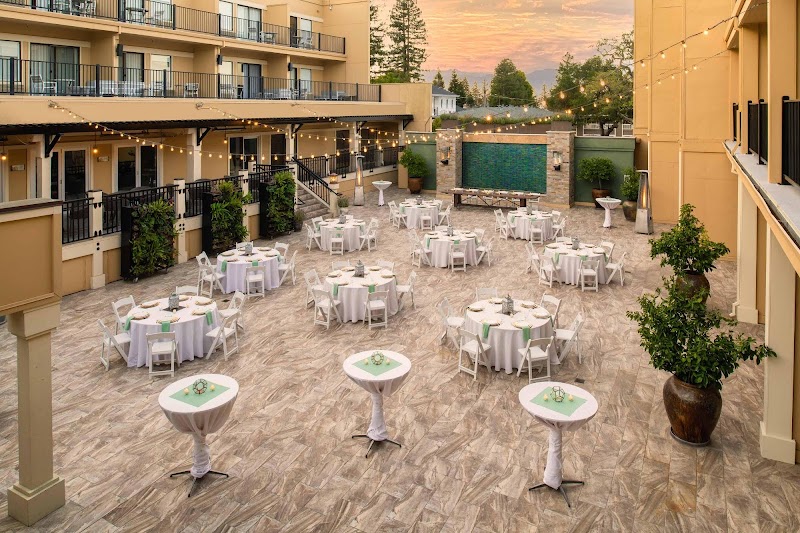 Outdoor event courtyard at sunset